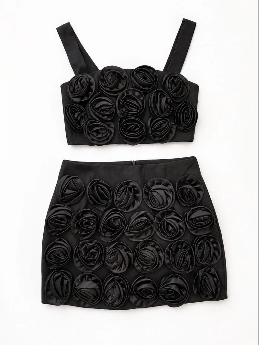Black Rose Embellished Crop Top and Skirt Set