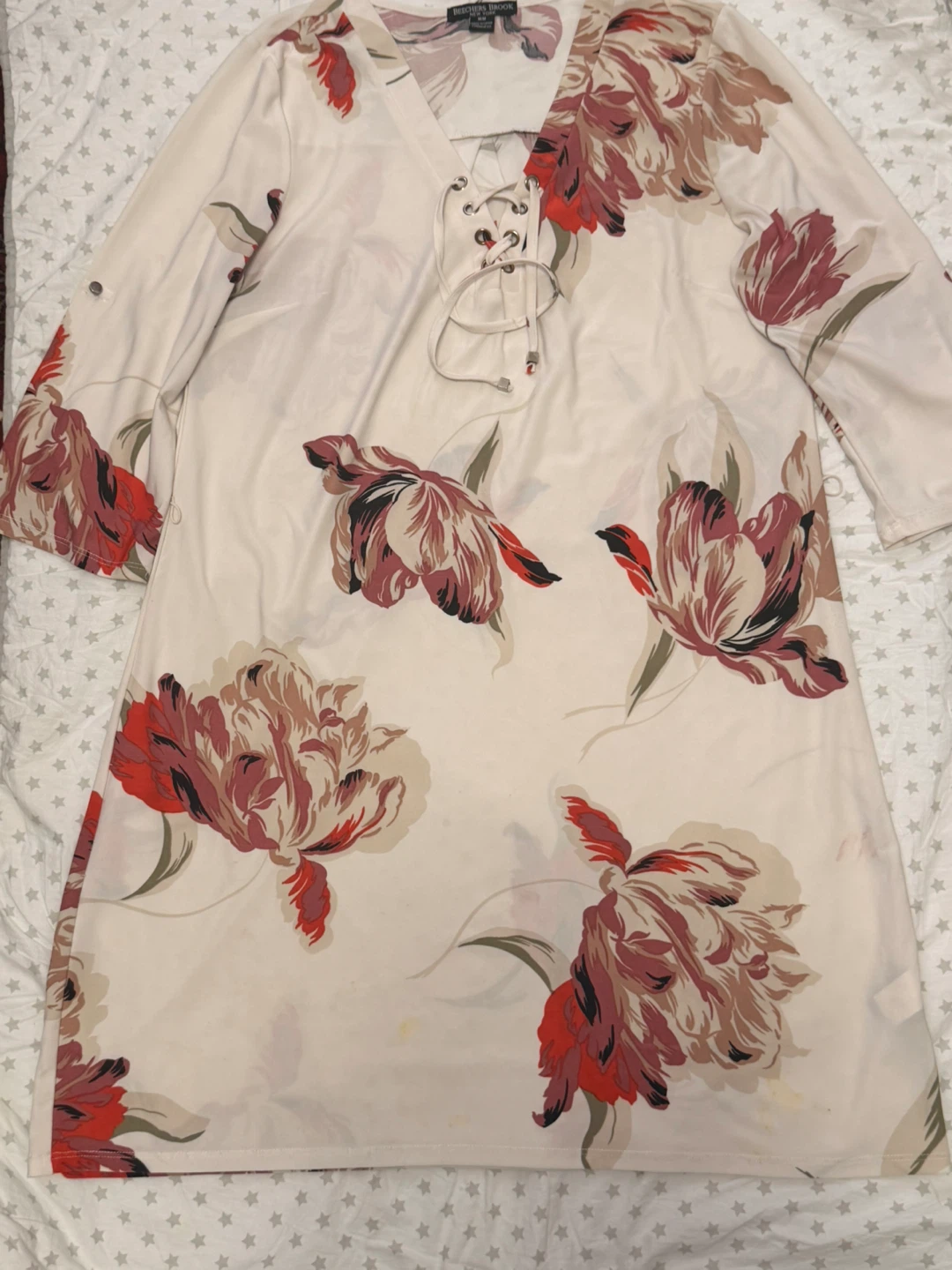 Cream Floral Print Lace-Up Mini Dress