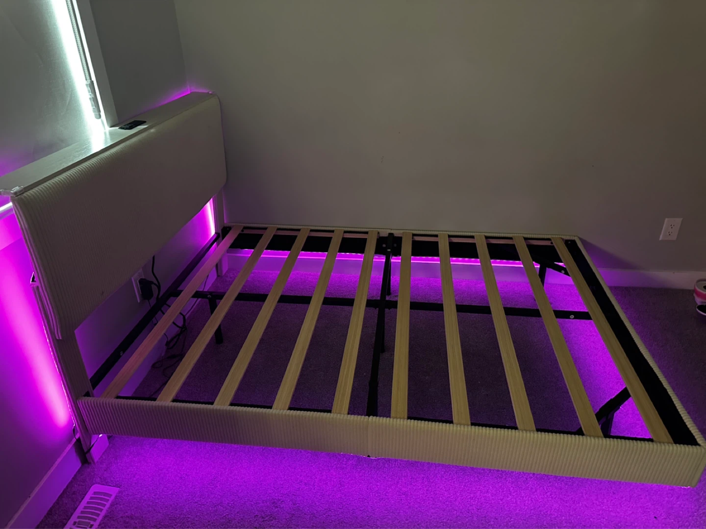Full Size Bed Frame with Headboard and LED Lights- Beige