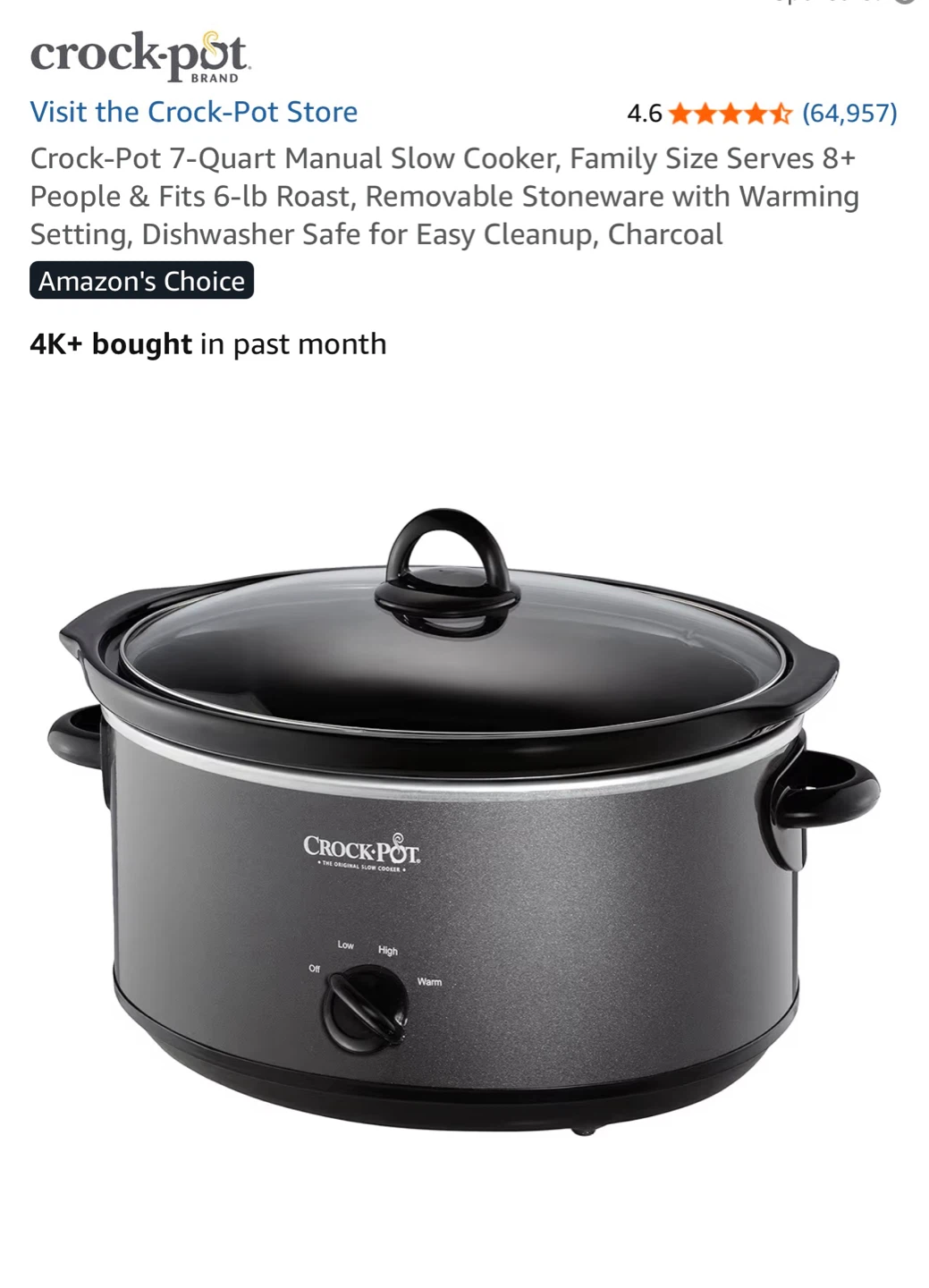 Crock-Pot 7-Quart Manual Slow Cooker - Charcoal