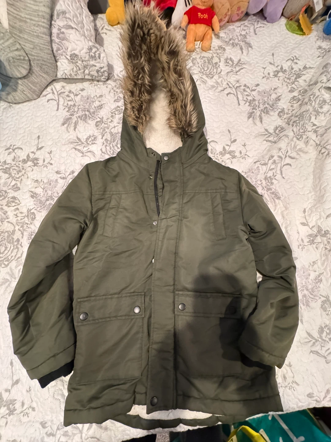7-8 George Kids Green Winter Parka Jacket with Faux Fur Hood