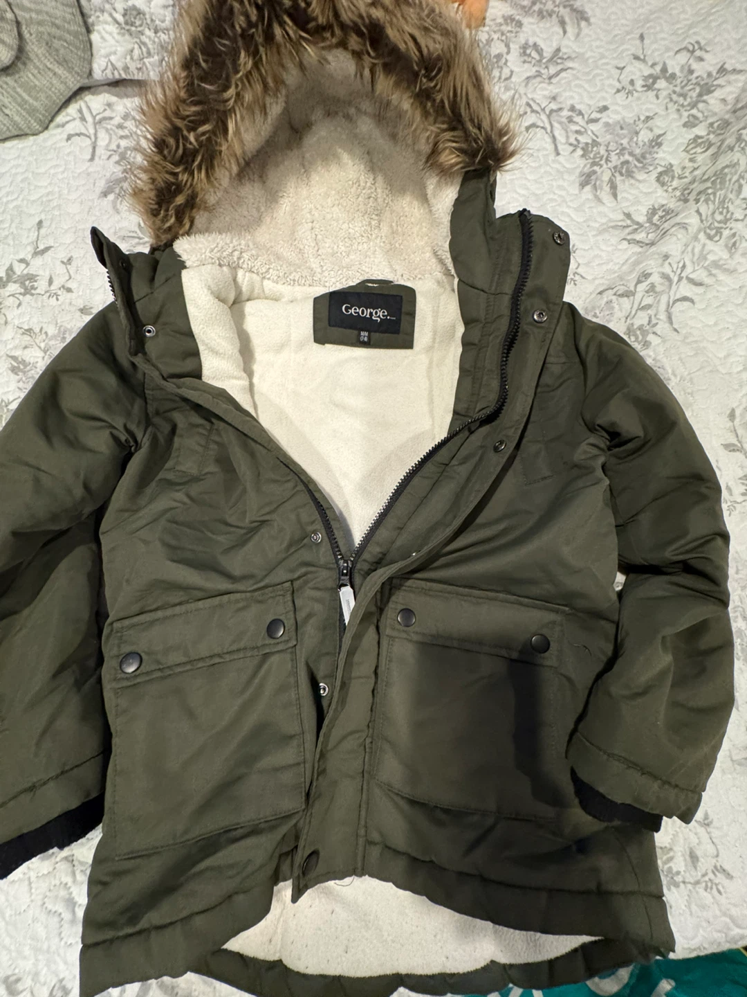 7-8 George Kids Green Winter Parka Jacket with Faux Fur Hood - photo 2
