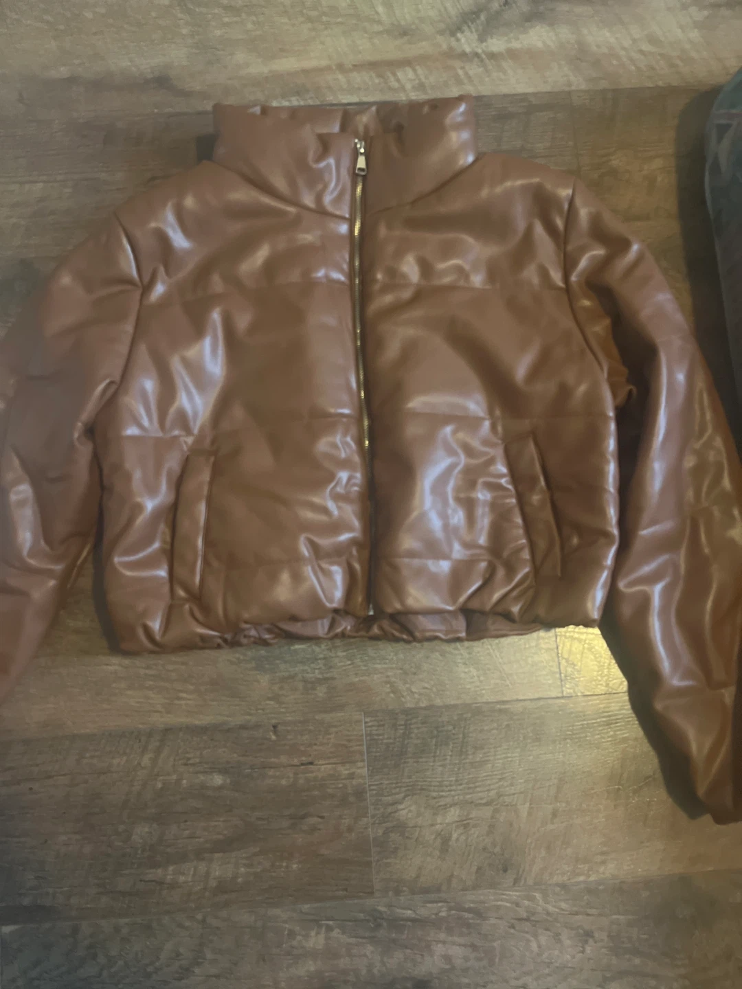 Brown Faux Leather Crop Puffer Jacket🌱
