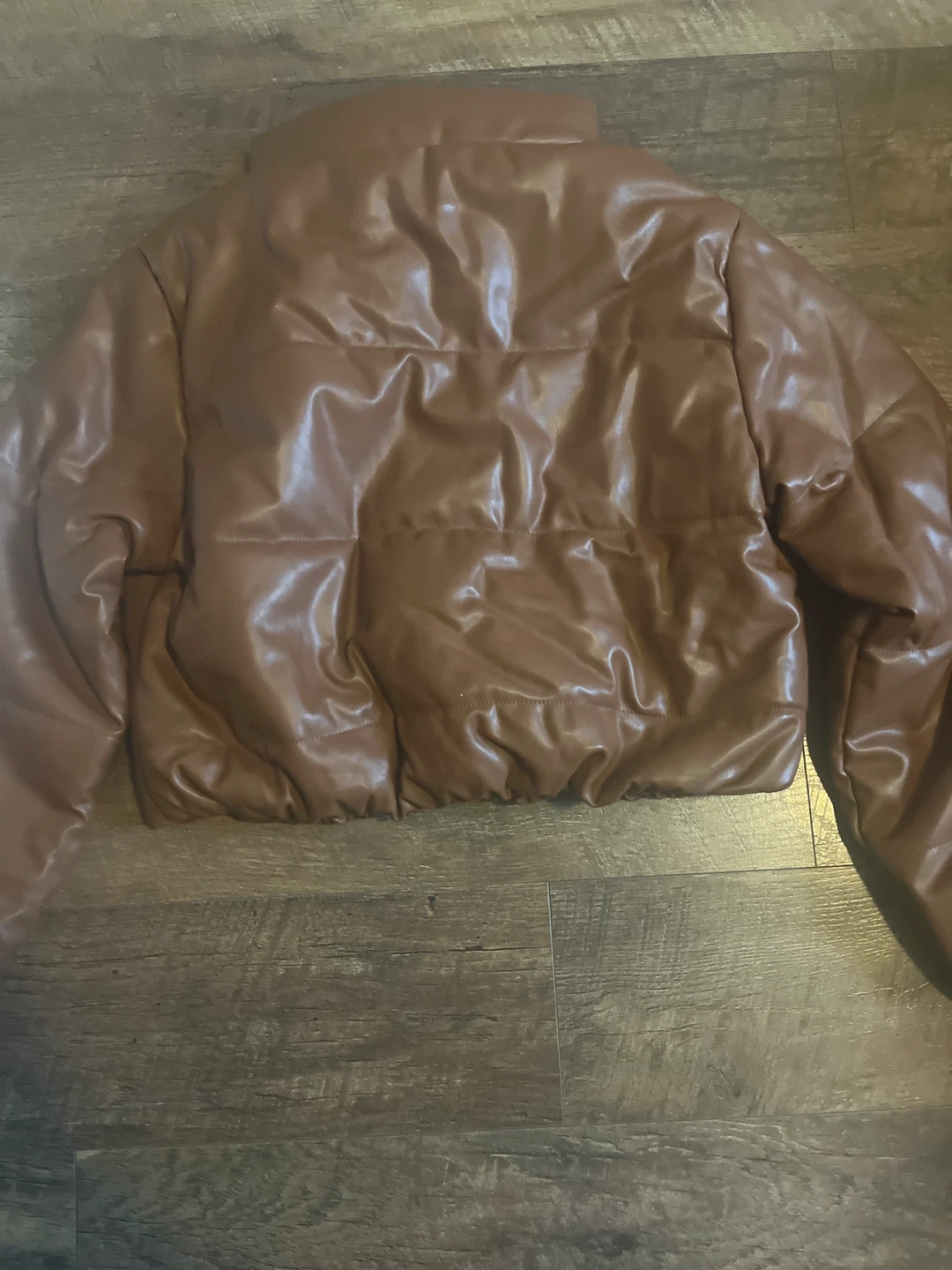 Brown Faux Leather Crop Puffer Jacket🌱 - photo 2