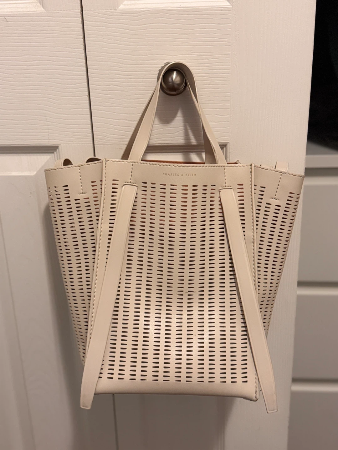 Charles & Keith Perforated Tote Bag - Cream - photo 2