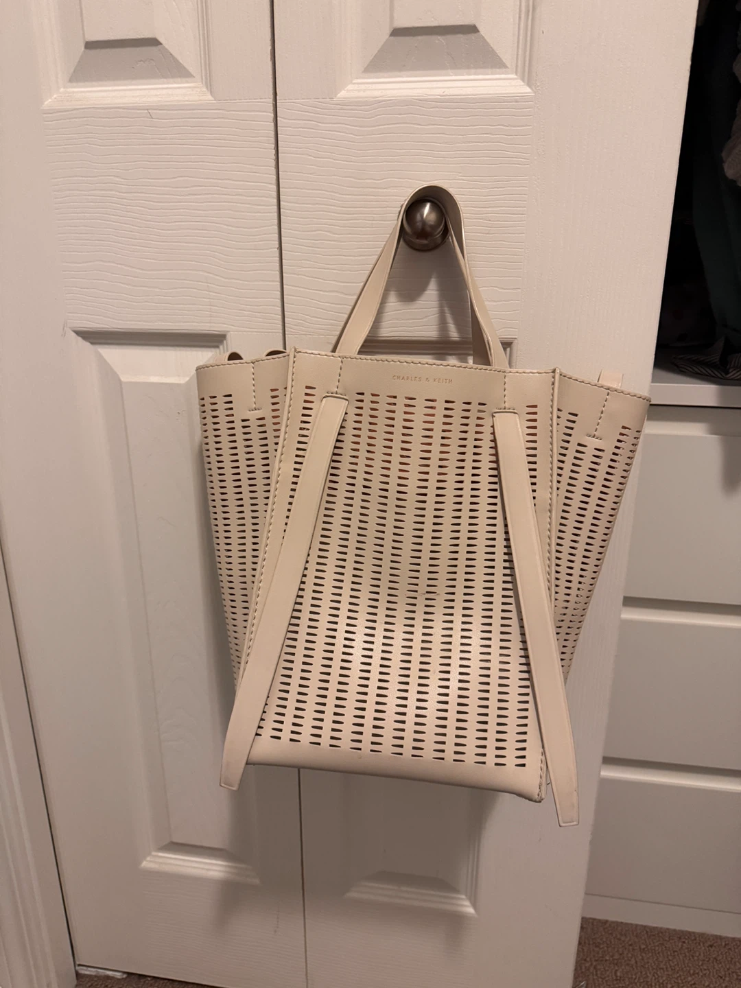 Charles & Keith Perforated Tote Bag - Cream - photo 4