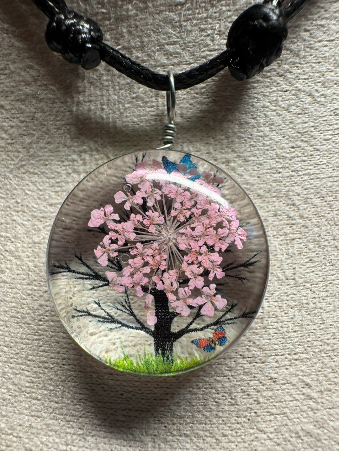 Resin Pendant Necklace with Cherry Blossom Tree and Butterflies