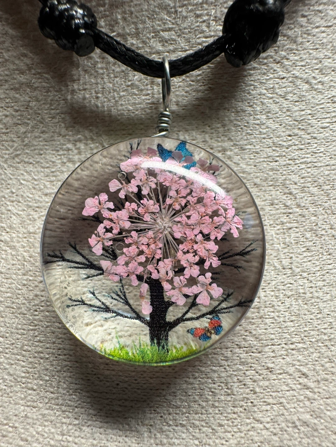 Resin Pendant Necklace with Cherry Blossom Tree and Butterflies - photo 2