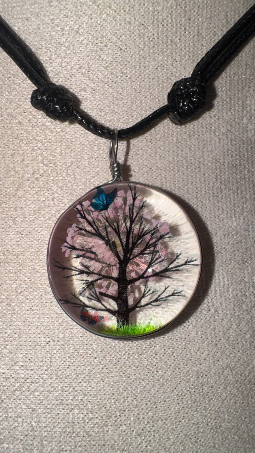 Resin Pendant Necklace with Cherry Blossom Tree and Butterflies - photo 4