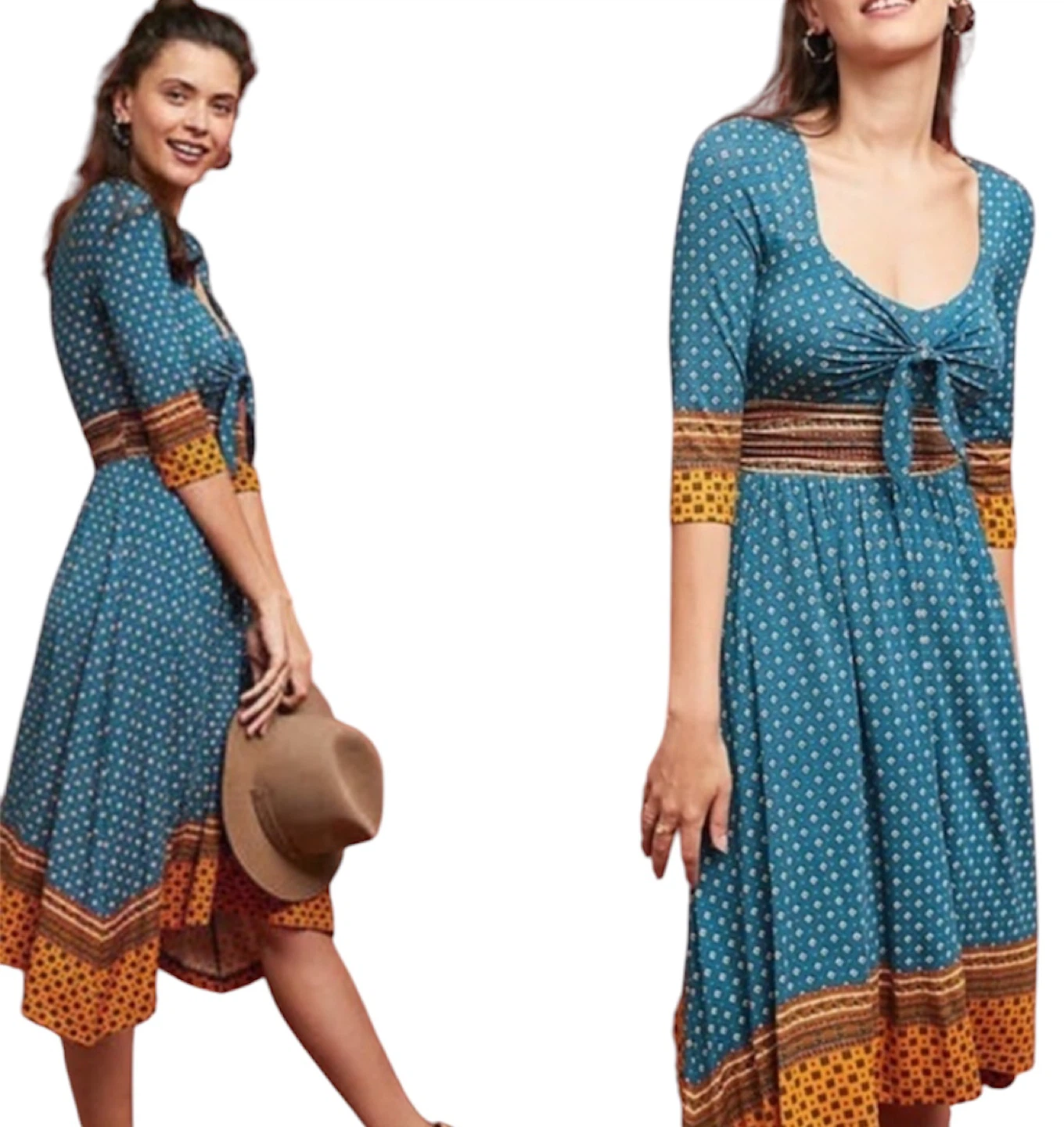 Maeve Anthropologie Boho Blue Print Tie Front Midi Dress