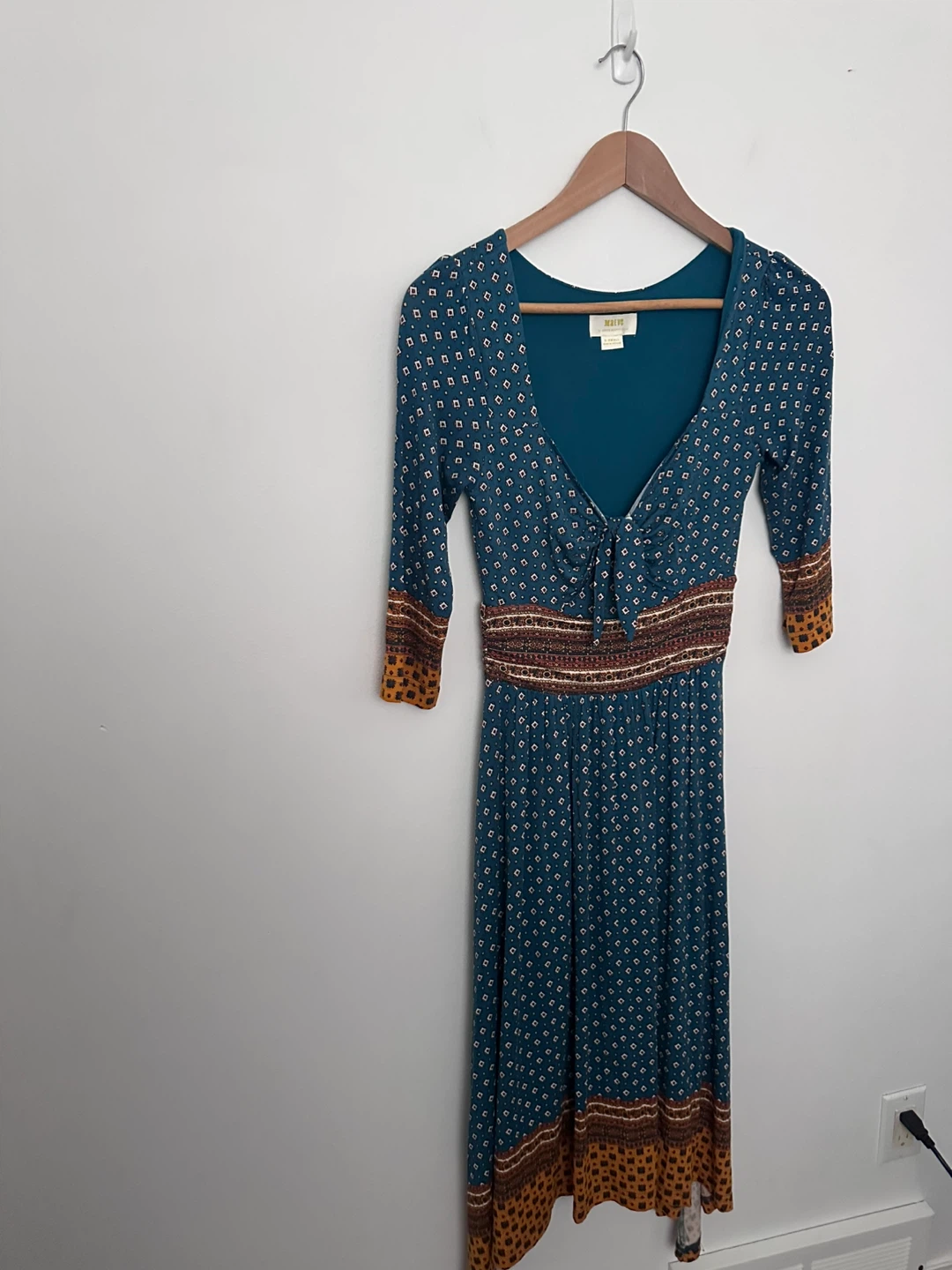 Maeve Anthropologie Boho Blue Print Tie Front Midi Dress - photo 2