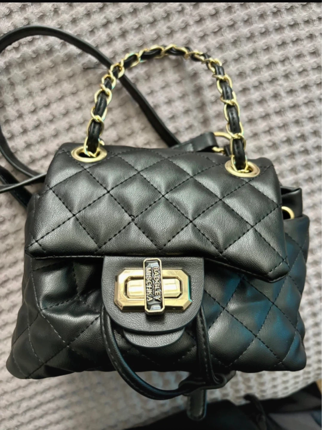 Badgley Mischka Quilted Black Faux Leather Mini Backpack