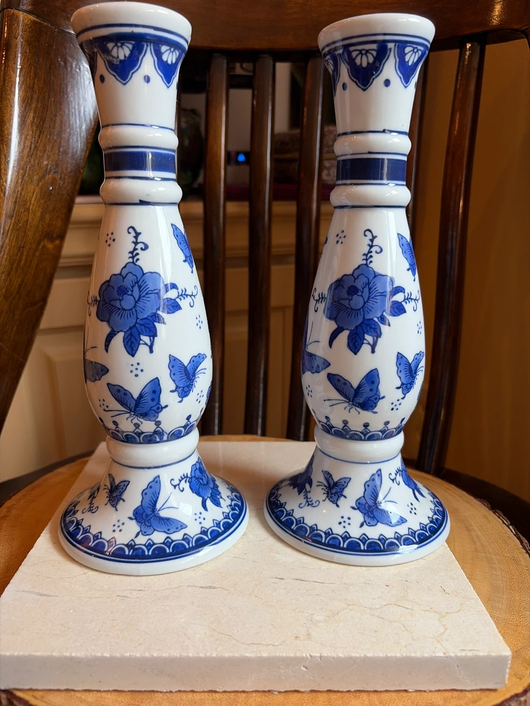 Pair of Blue and White Chinoiserie Candlestick Holders