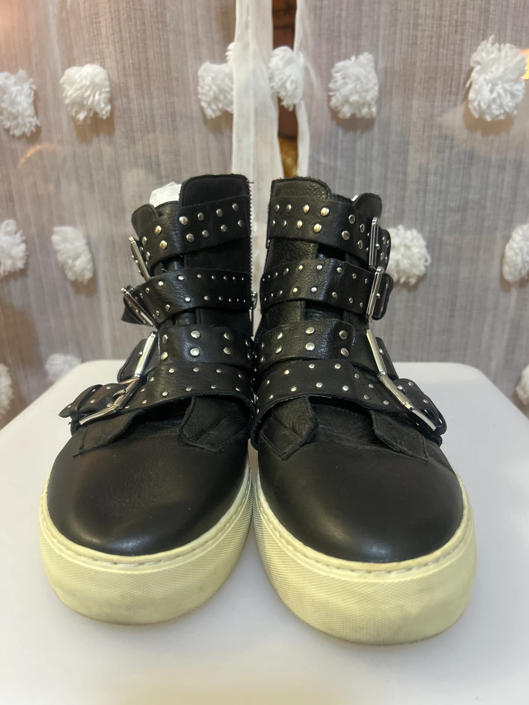 Black Leather Studded Buckle High-Top Sneakers - photo 3