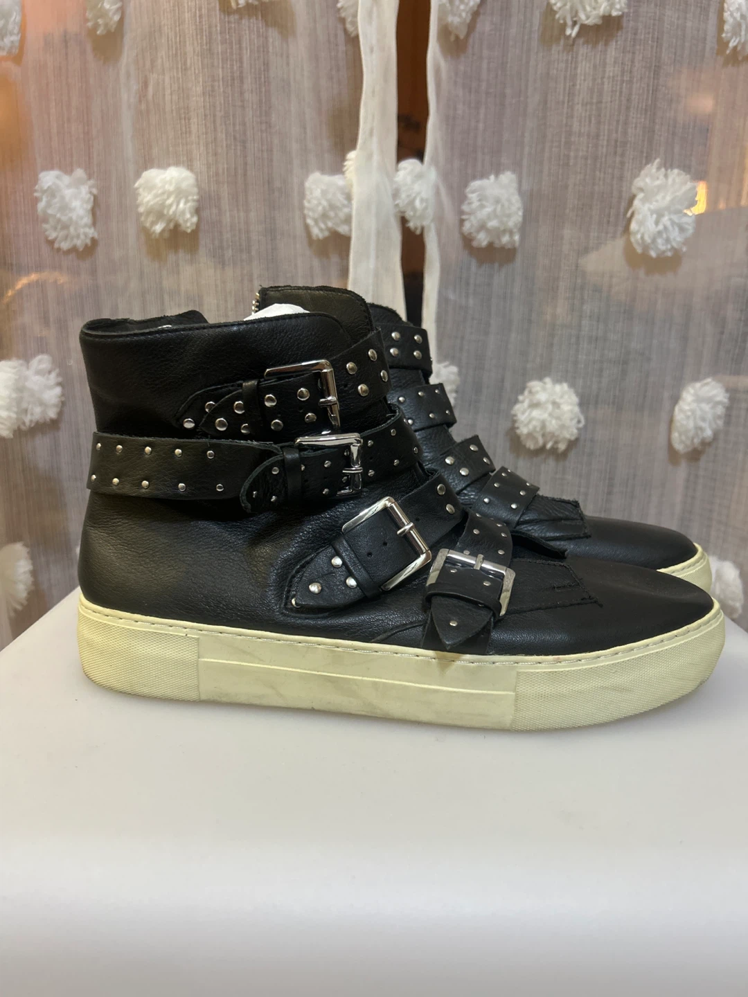 Black Leather Studded Buckle High-Top Sneakers - photo 4