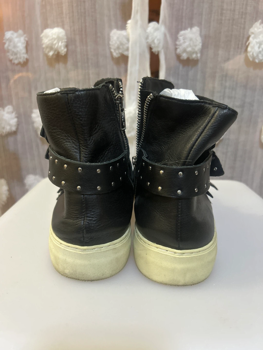 Black Leather Studded Buckle High-Top Sneakers - photo 5