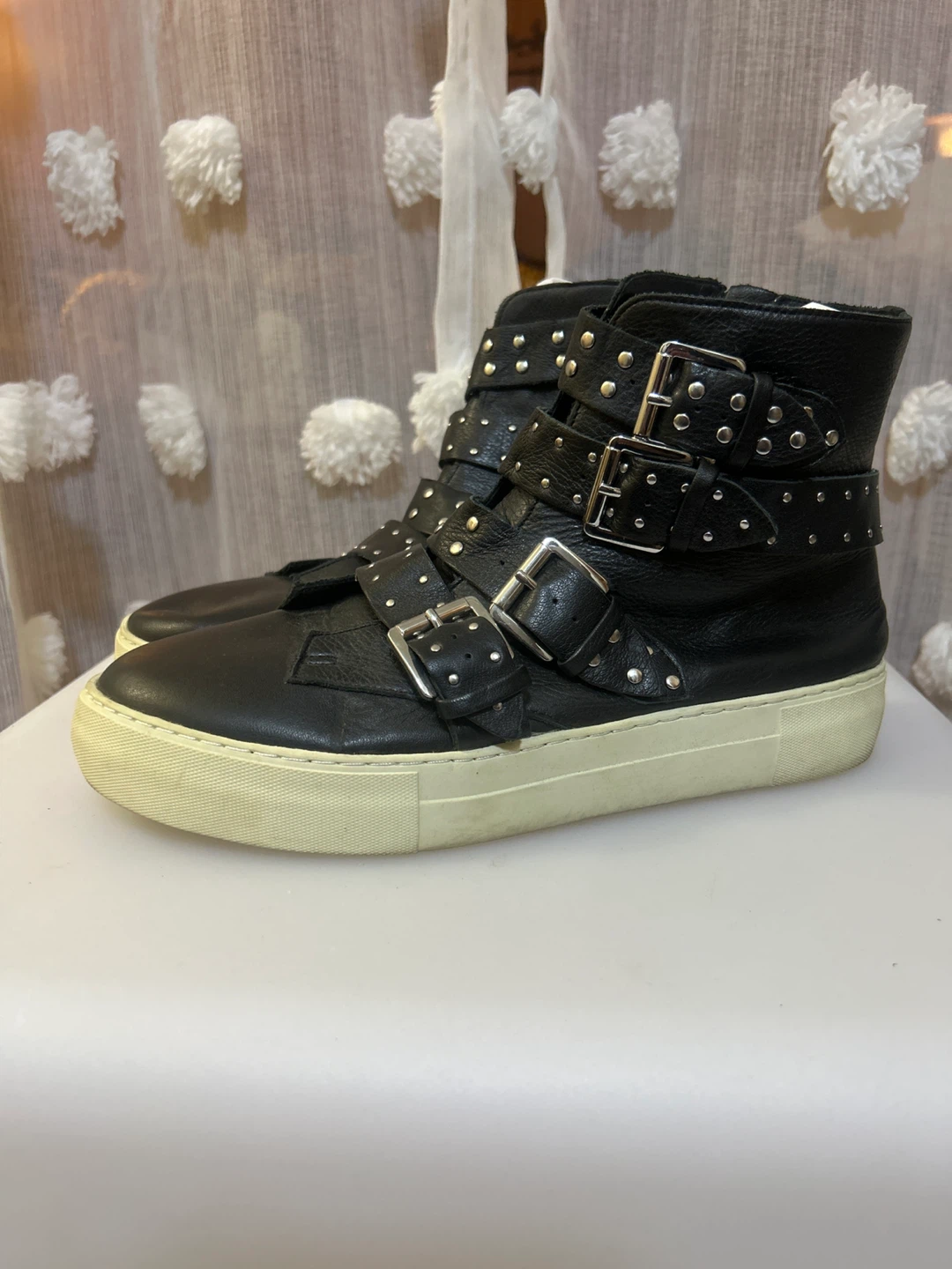 Black Leather Studded Buckle High-Top Sneakers - photo 2