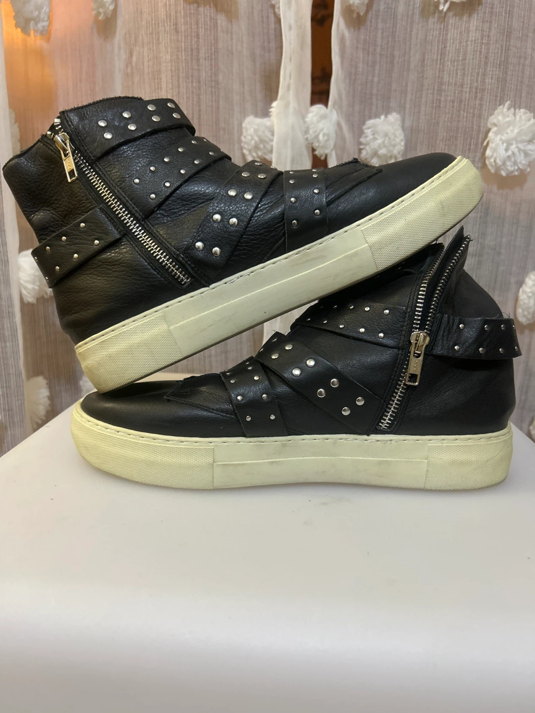 Black Leather Studded Buckle High-Top Sneakers