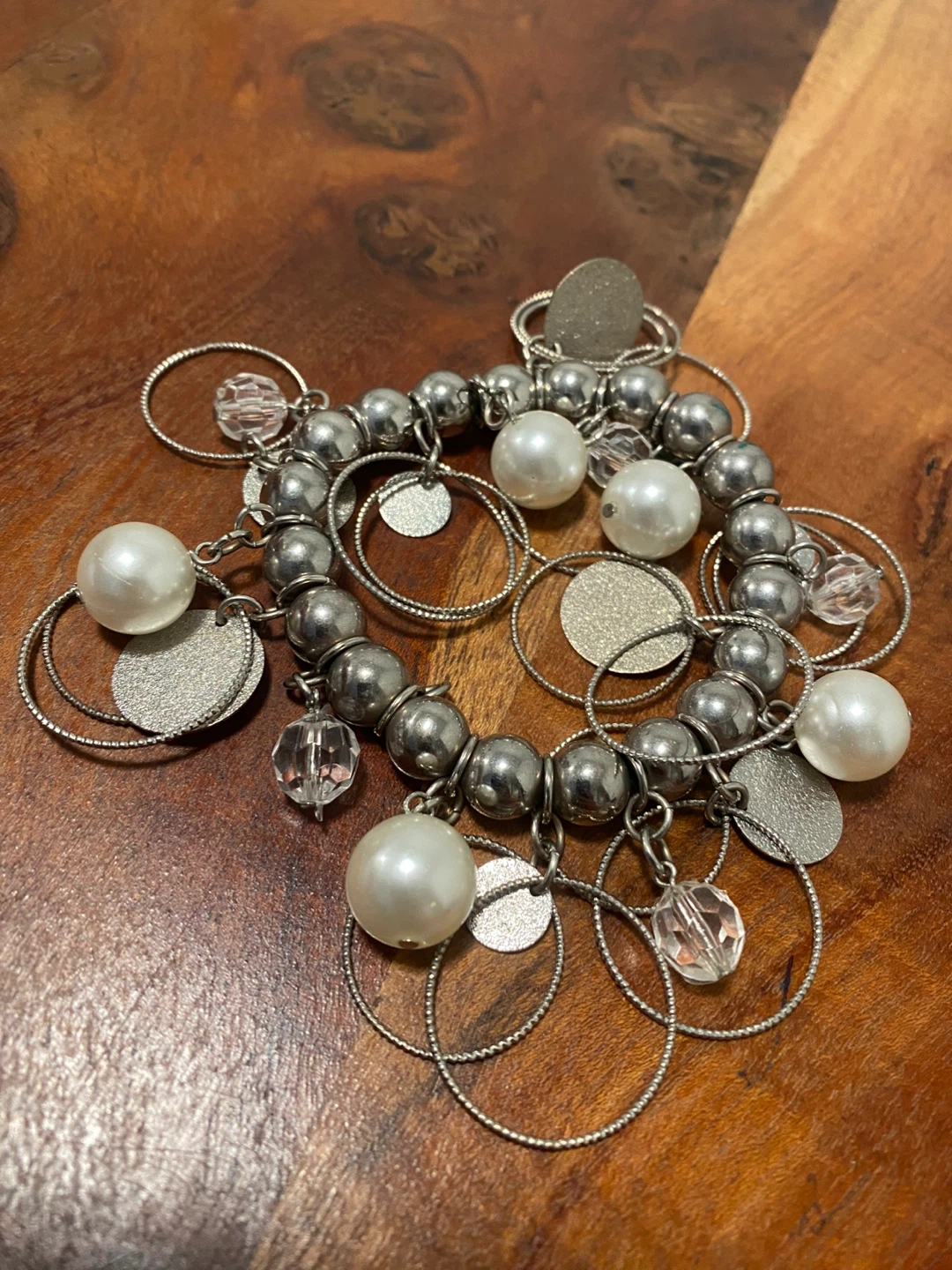 Silver color Charm Bracelet with Faux Pearls and Discs - photo 2