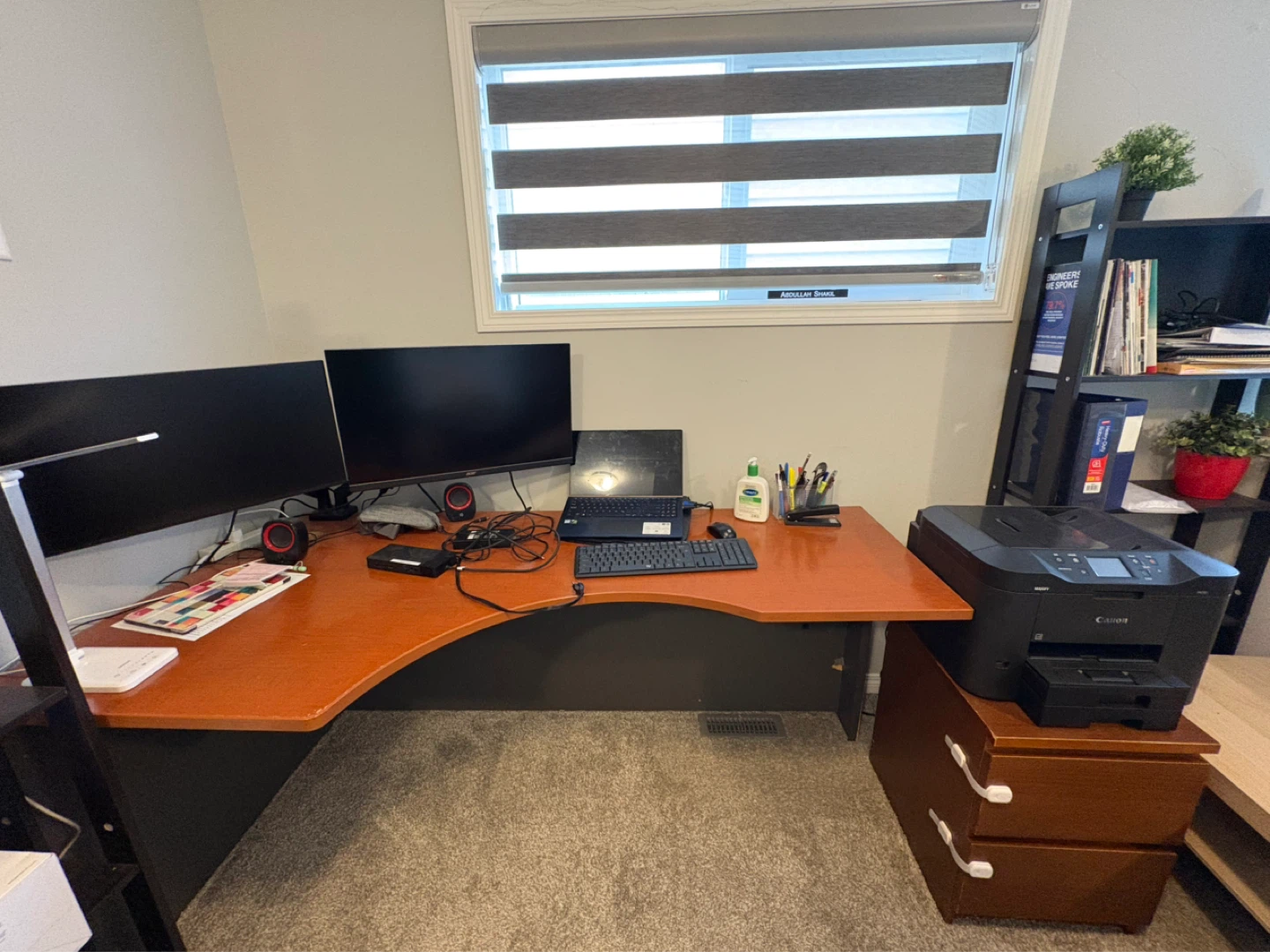 L-Shaped Corner Desk with double drawer sidetable