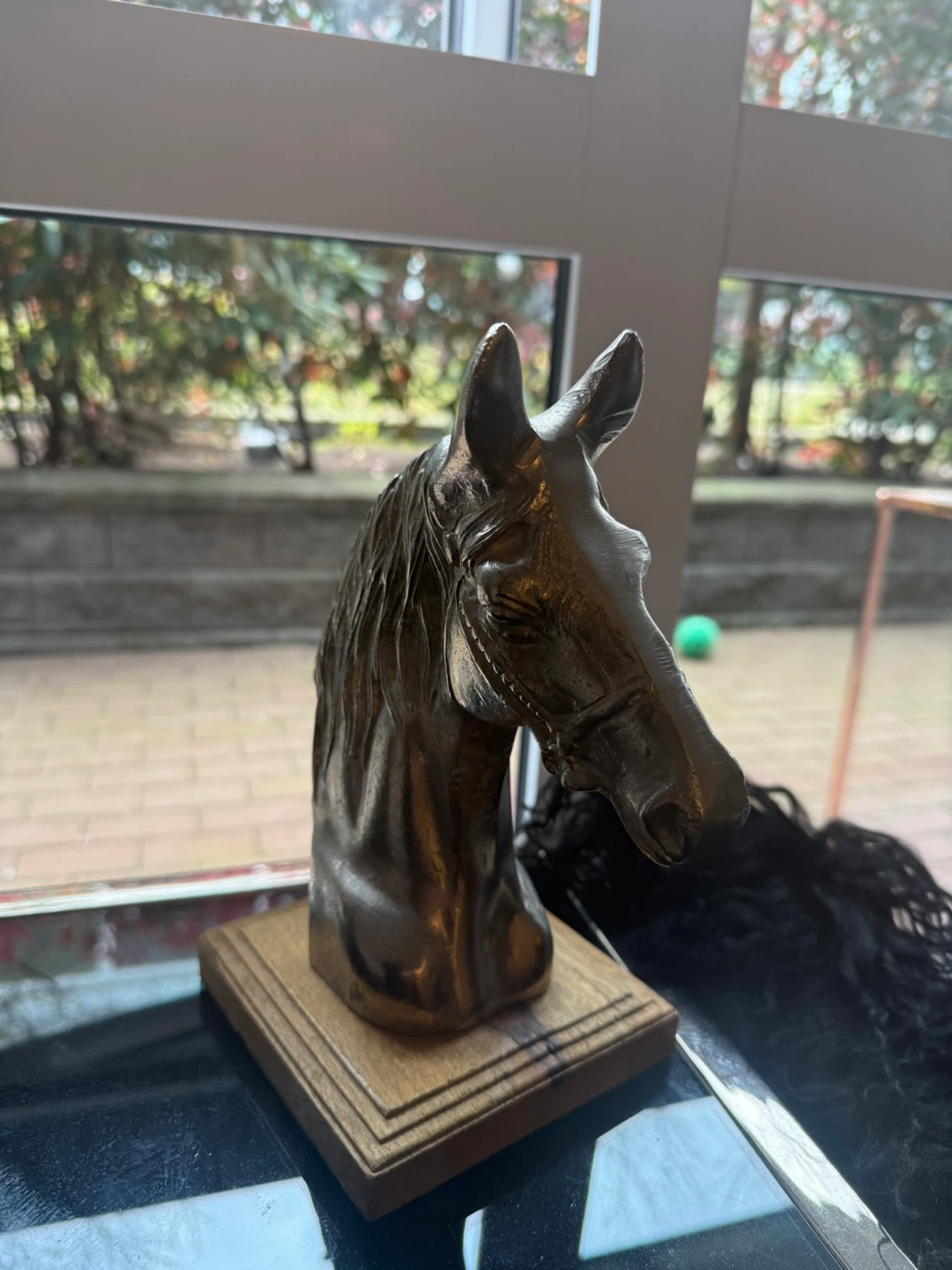 Bronze Horse Head Sculpture with Wooden Base - photo 2