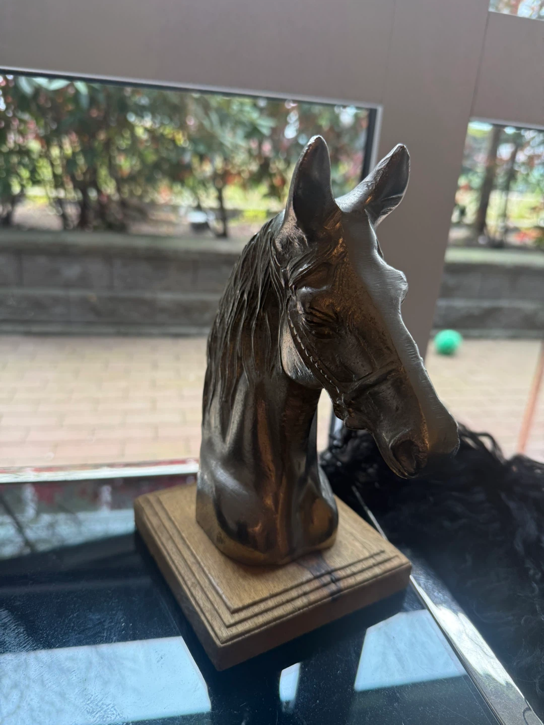 Bronze Horse Head Sculpture with Wooden Base