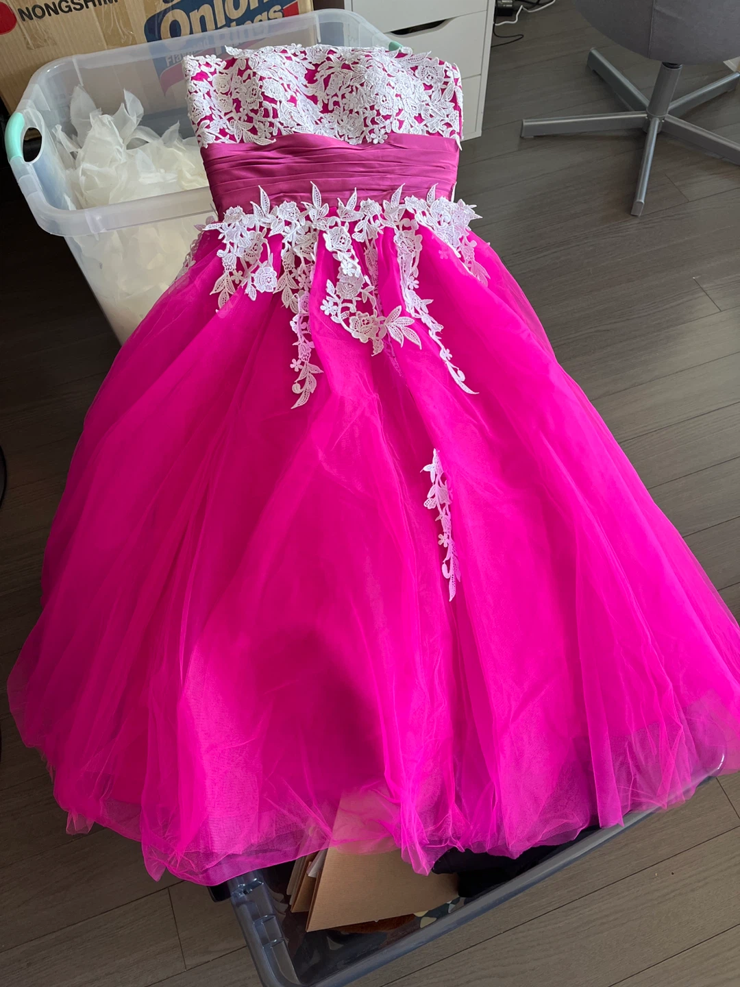 Hot Pink Strapless Gown with White Lace