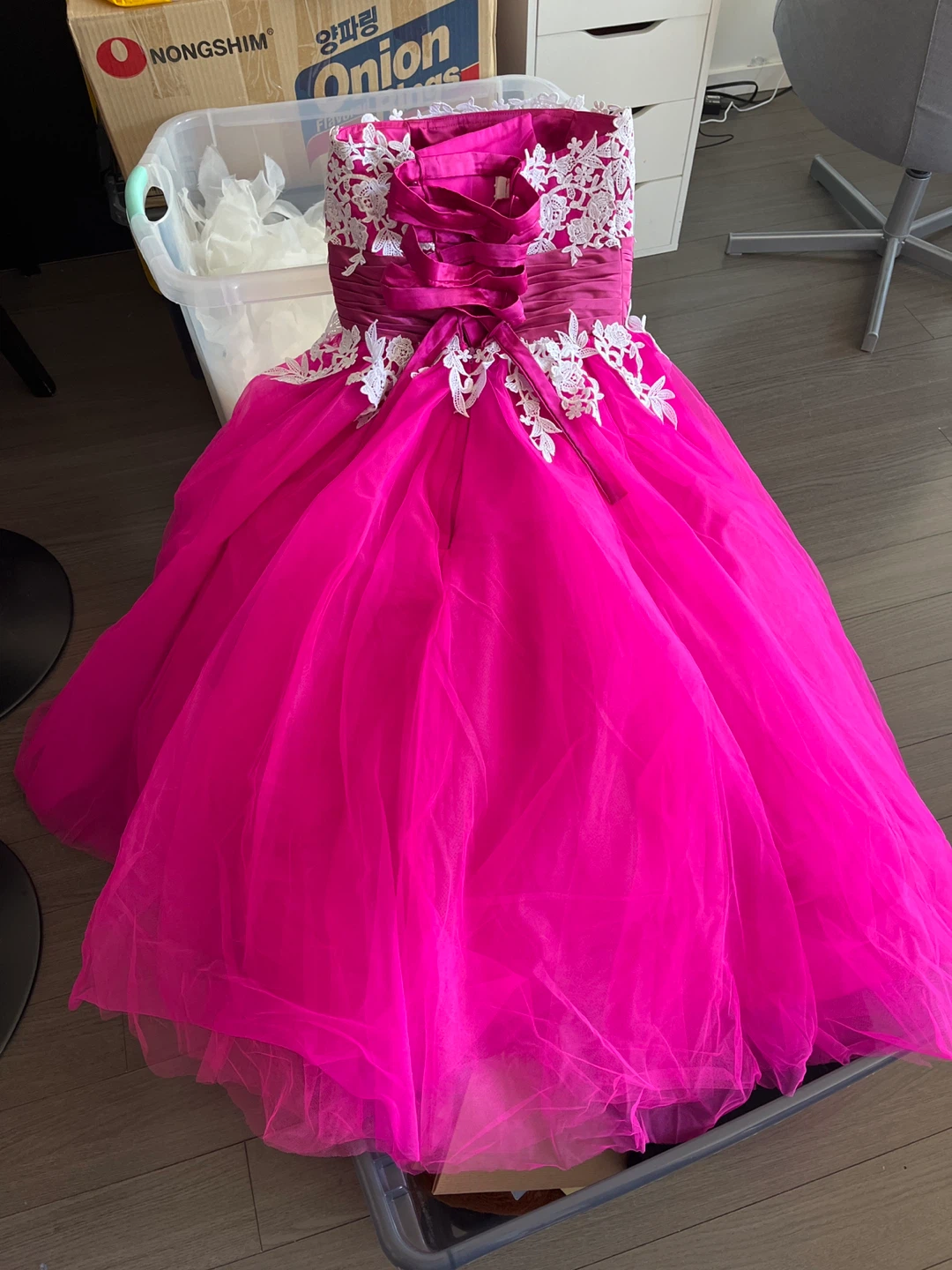 Hot Pink Strapless Gown with White Lace - photo 2