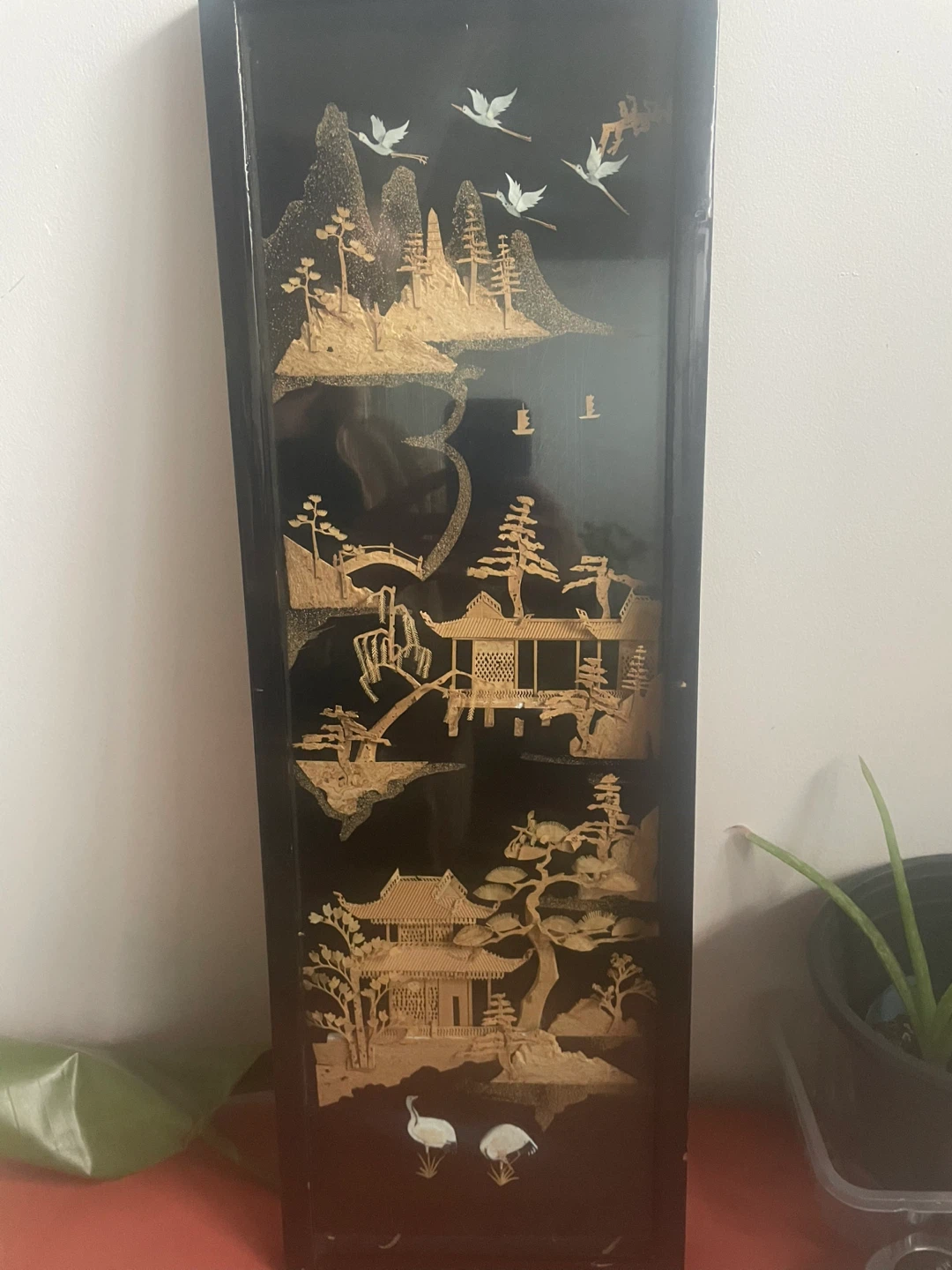 Vintage Black Lacquer Wall Panel with Raised Gilt Landscape