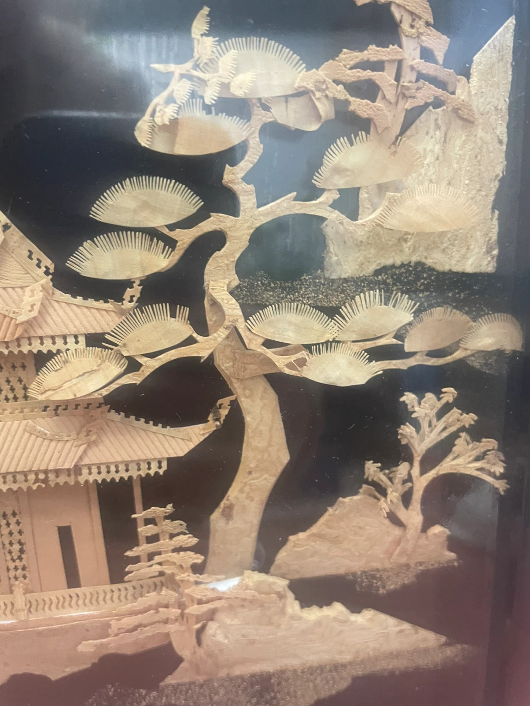 Vintage Black Lacquer Wall Panel with Raised Gilt Landscape - photo 5