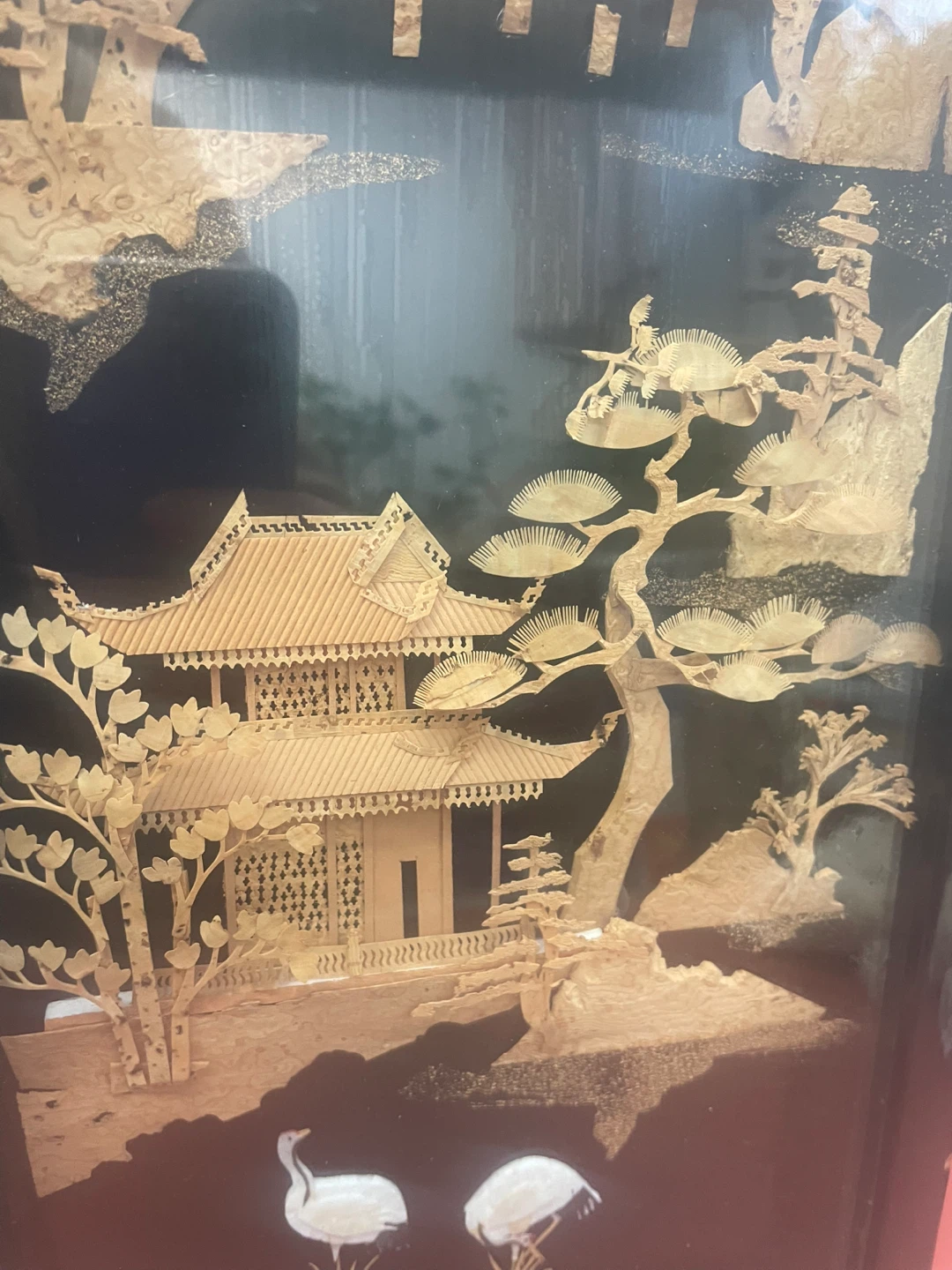 Vintage Black Lacquer Wall Panel with Raised Gilt Landscape - photo 4
