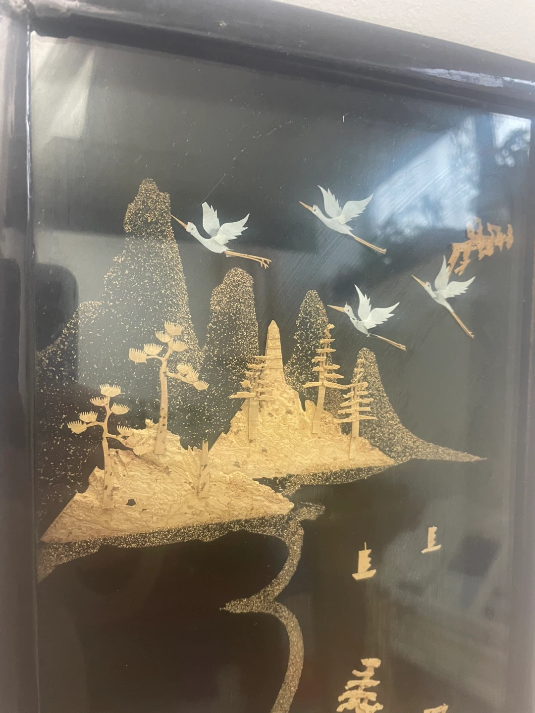 Vintage Black Lacquer Wall Panel with Raised Gilt Landscape - photo 2