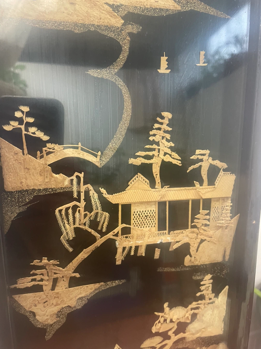 Vintage Black Lacquer Wall Panel with Raised Gilt Landscape - photo 3