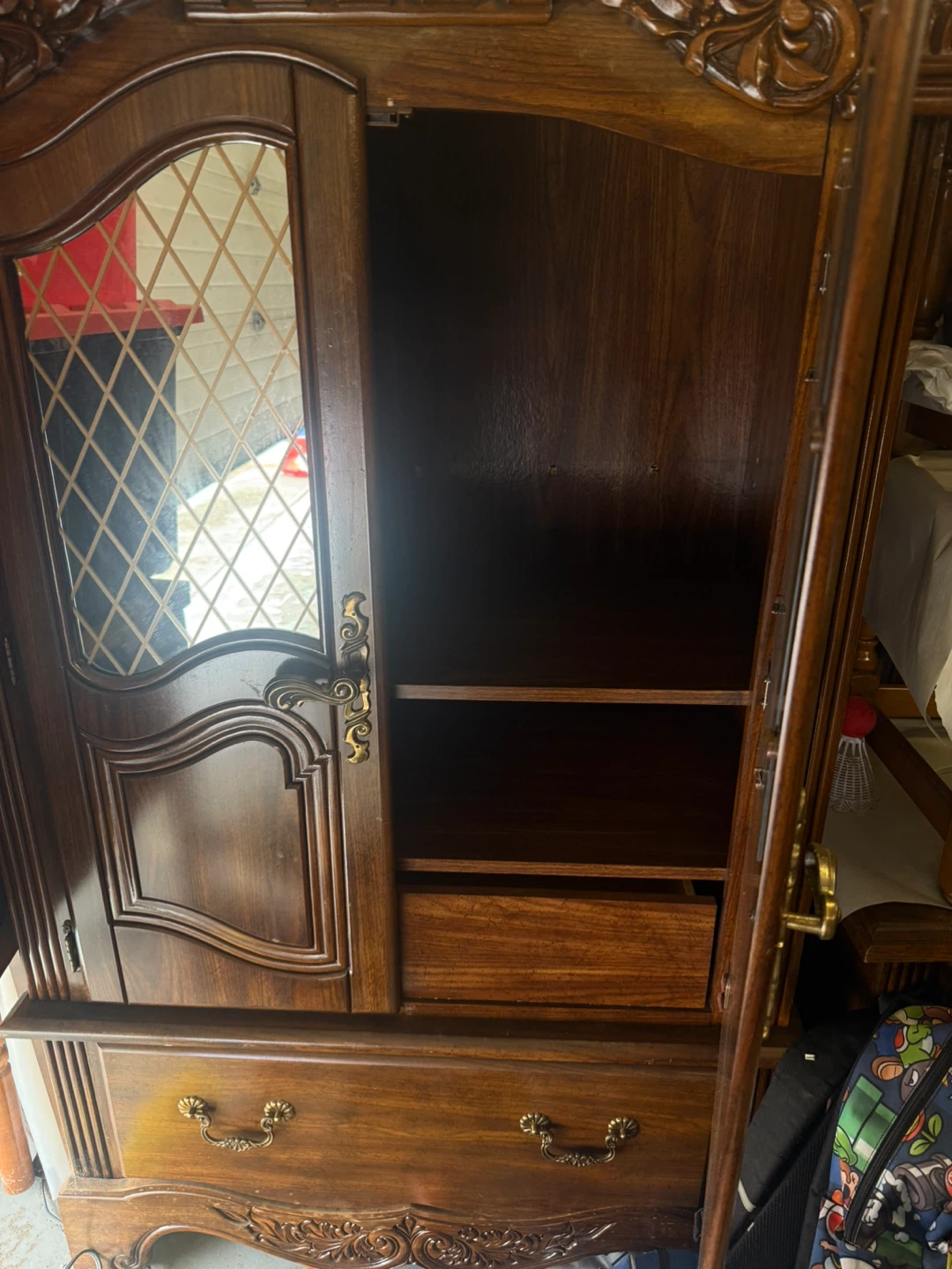 Vintage Wood Armoire with Mirrored Doors and Drawer - photo 2