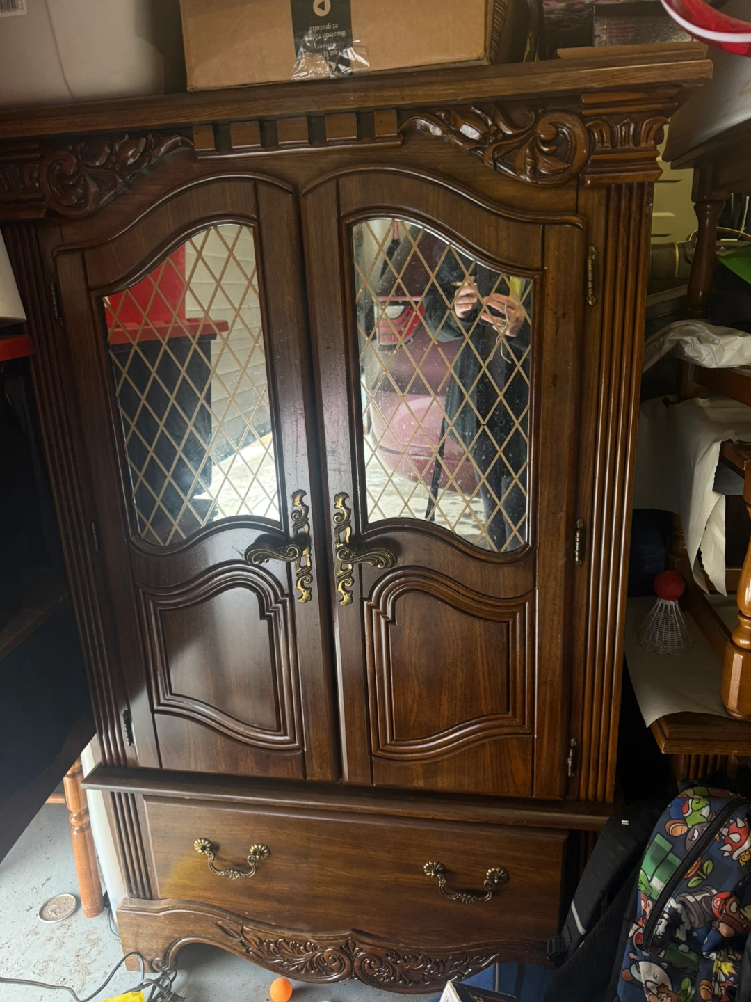 Vintage Wood Armoire with Mirrored Doors and Drawer