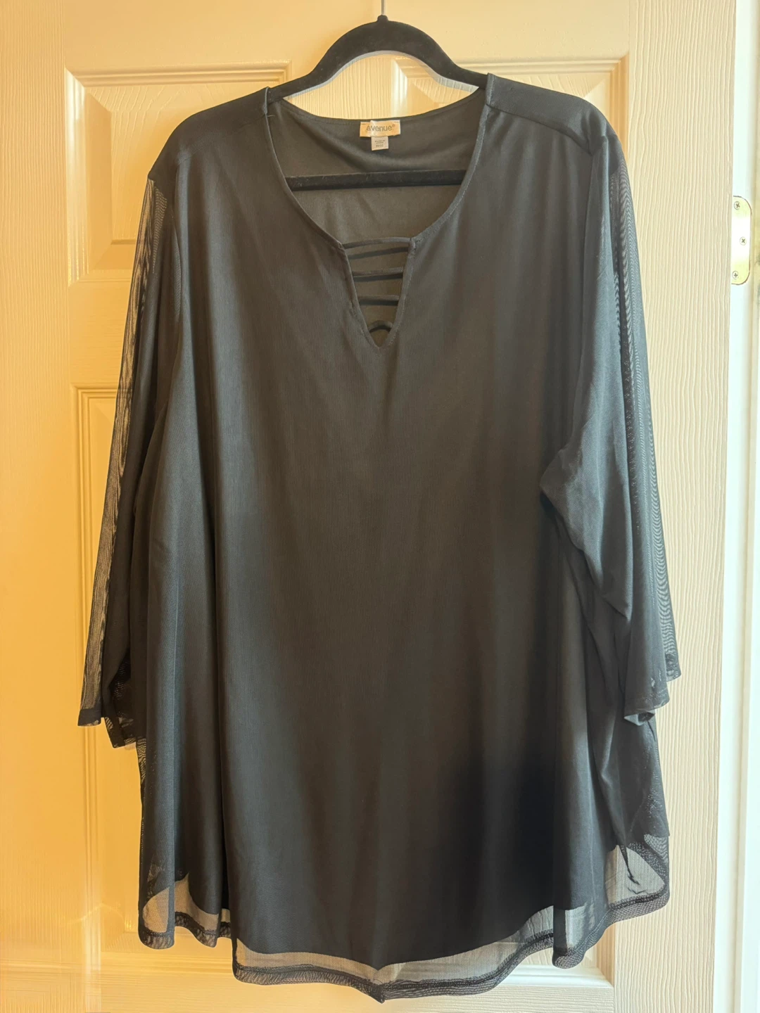 Avenue Black Mesh Trim V-Neck Top