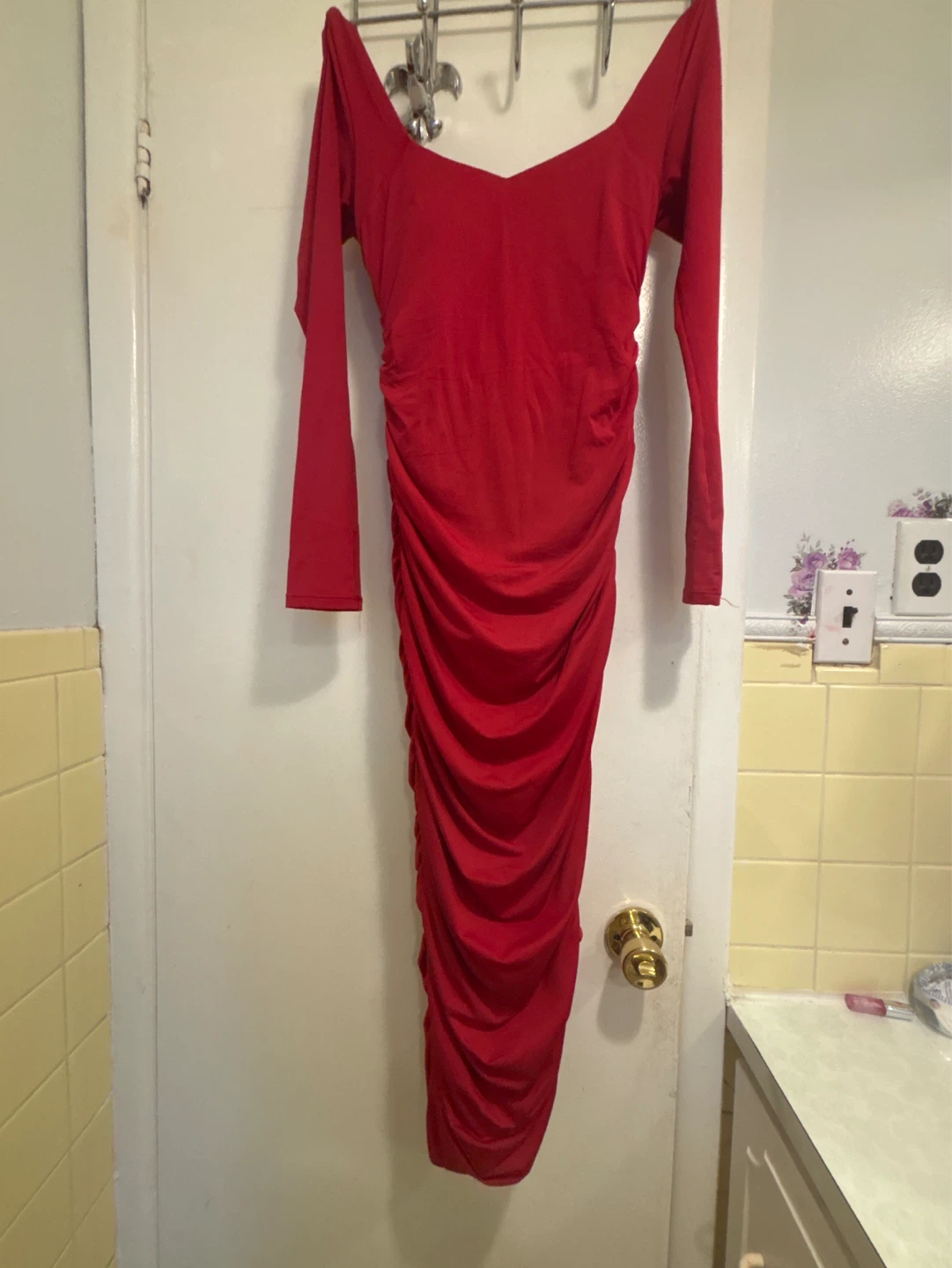 Red Ruched Long Sleeve Maxi Dress