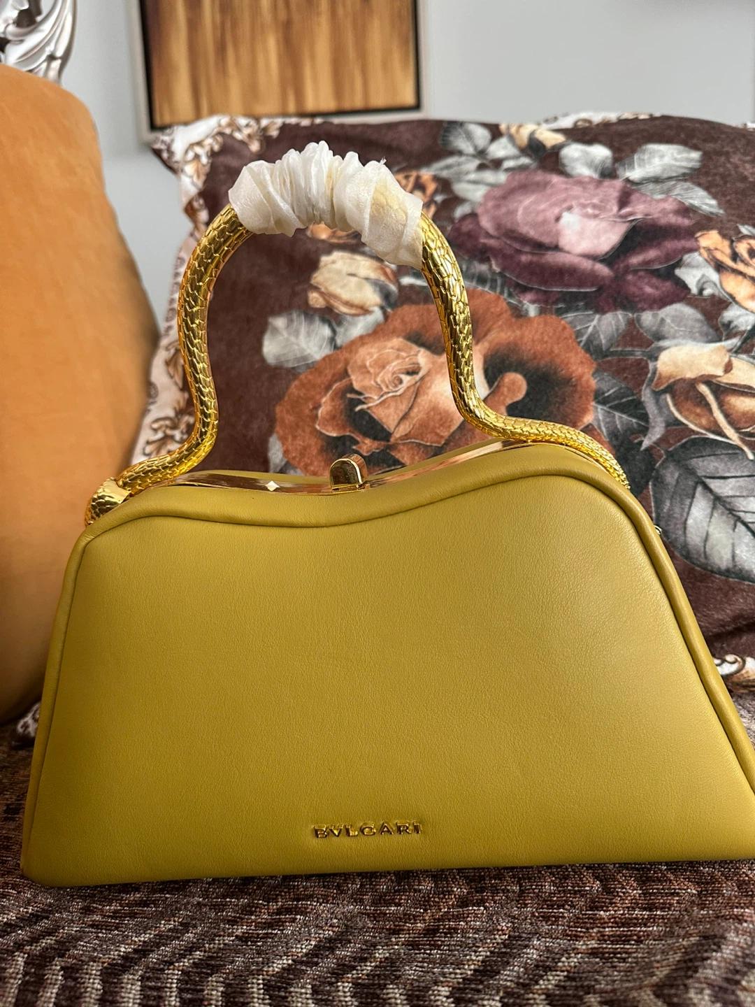BVLGARI Yellow Leather Shoulder Bag with Gold Snake Handle