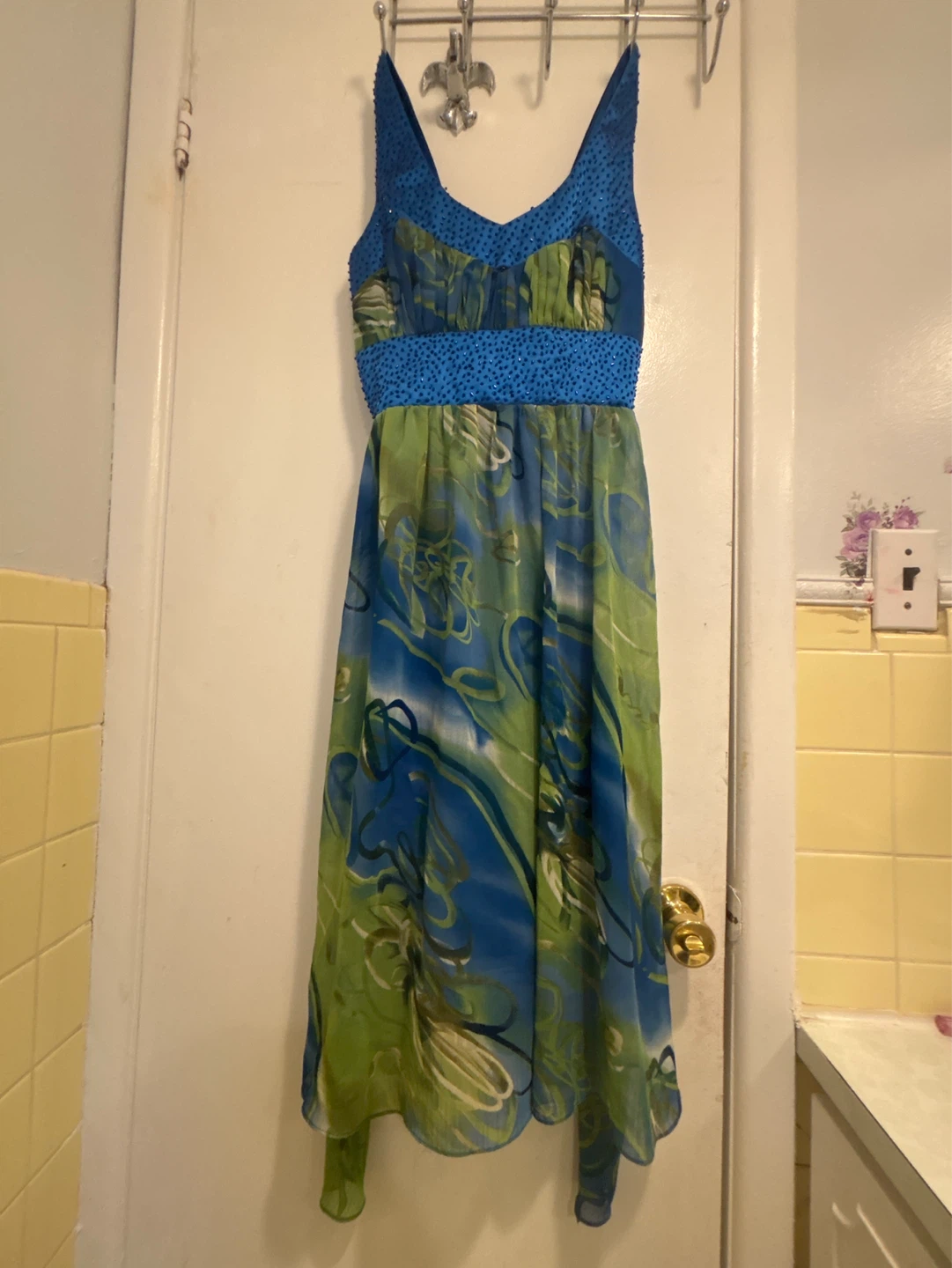 Blue & Green Floral Print Beaded Dress