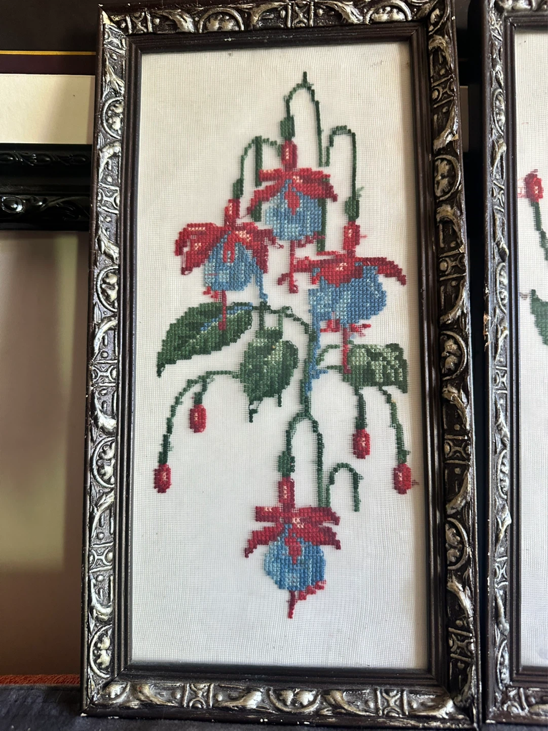 pair of antique fuscia needpoint pictures - photo 3