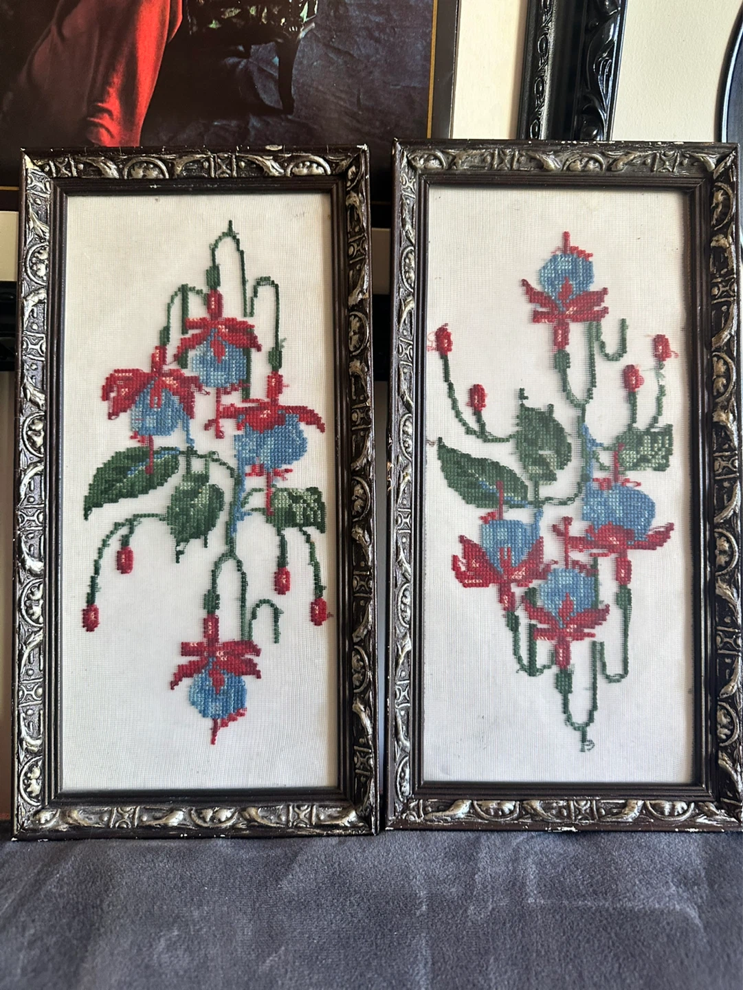 pair of antique fuscia needpoint pictures
