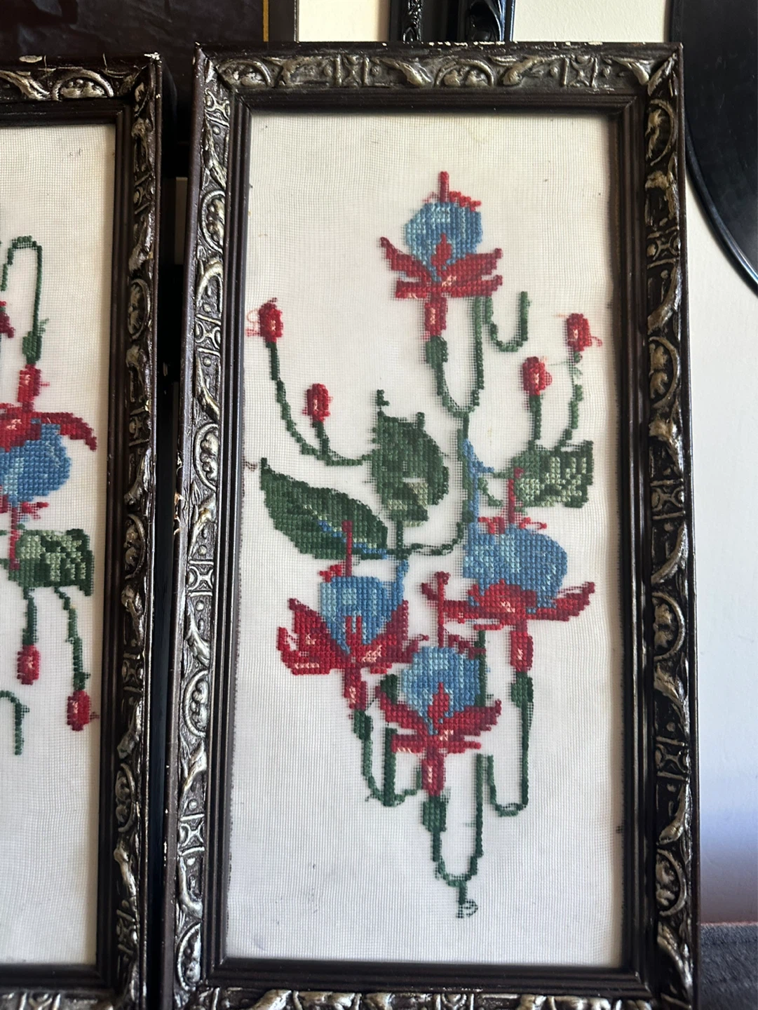 pair of antique fuscia needpoint pictures - photo 2