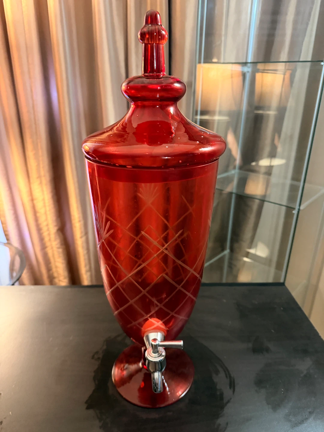 Red Glass Beverage Dispenser with Spigot