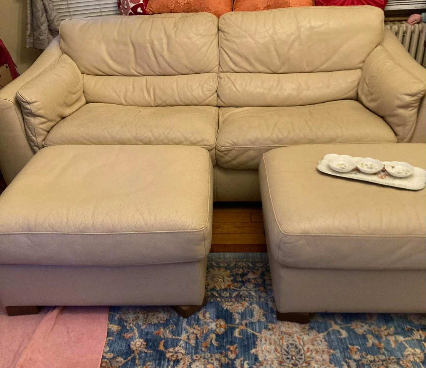 Cream Leather Sofa with Ottomans