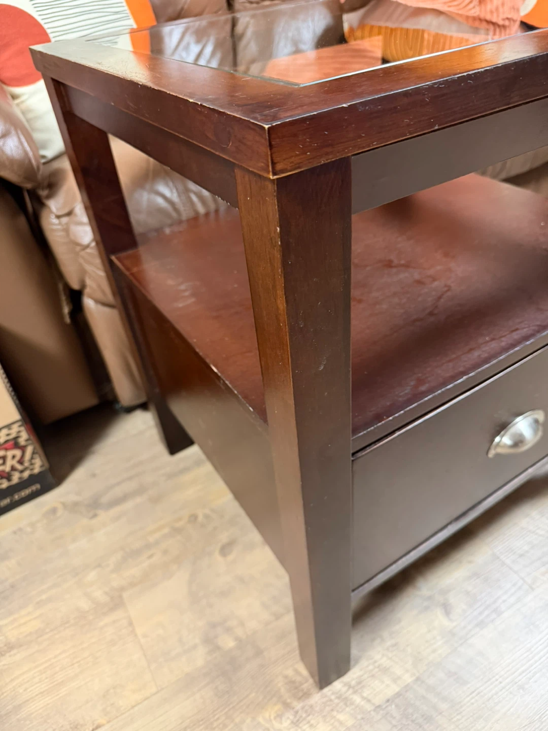 Wooden End Table with Glass Top and Drawer - photo 3