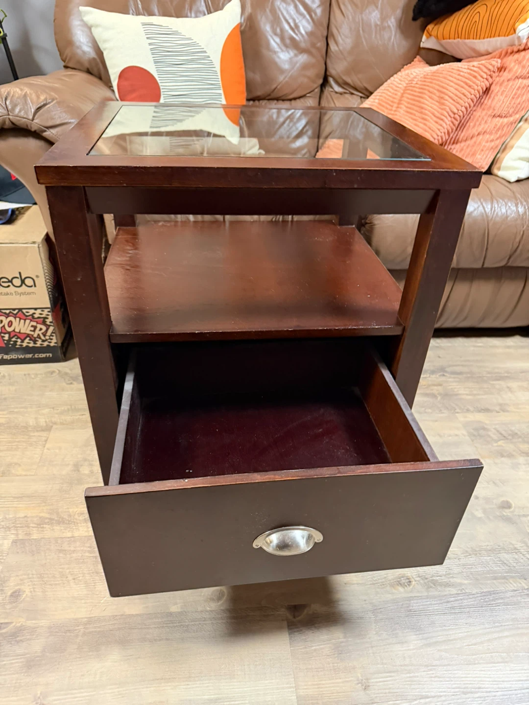 Wooden End Table with Glass Top and Drawer - photo 4