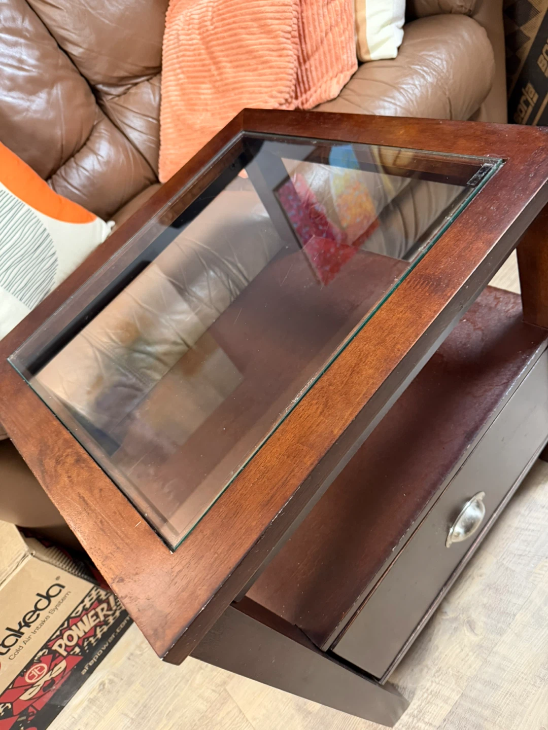 Wooden End Table with Glass Top and Drawer - photo 2