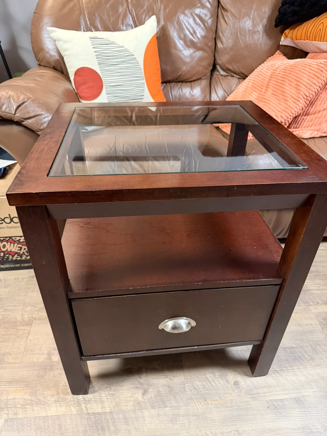 Wooden End Table with Glass Top and Drawer