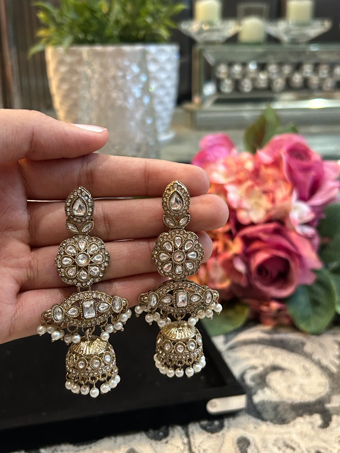 Gold Tone Jhumka Earrings with Pearls and Stones - photo 3
