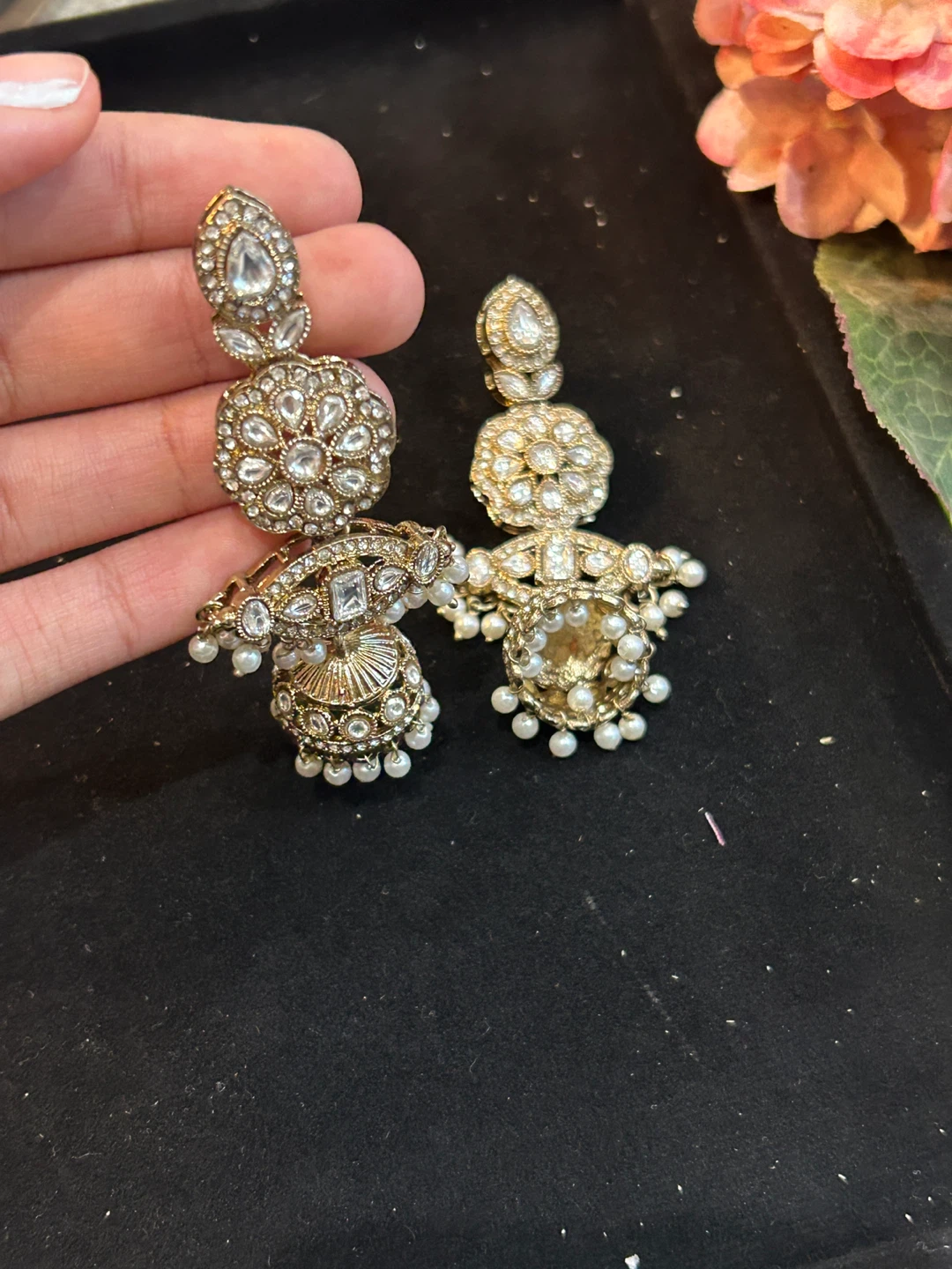 Gold Tone Jhumka Earrings with Pearls and Stones